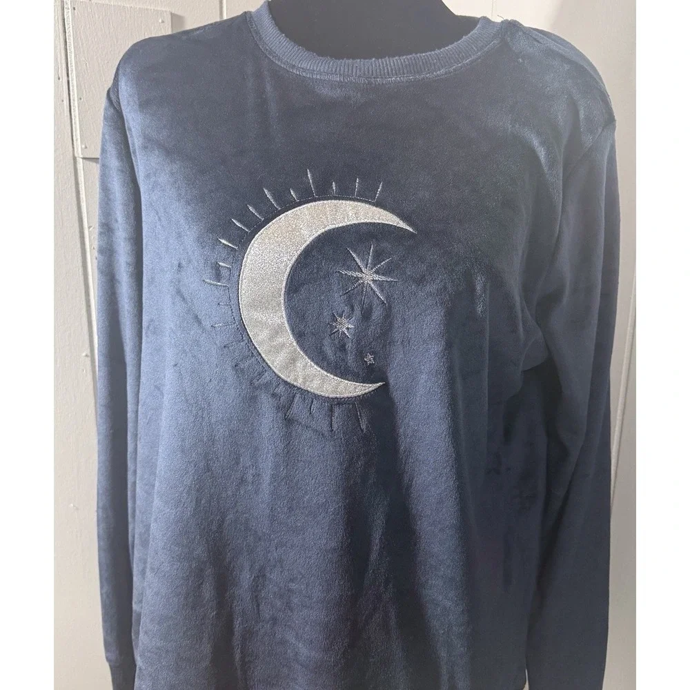 Croft & Barrow Women's M Navy Velour Moon Stars 2 Piece Pajama Set Celestial